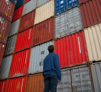 man in blue long sleeve shirt standing in front of red and blue intermodal containers